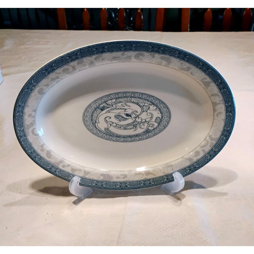 VTG Chinese Restaurant Ware Platter Blue White Dragon 10.5"x7.5" Cameo Durable